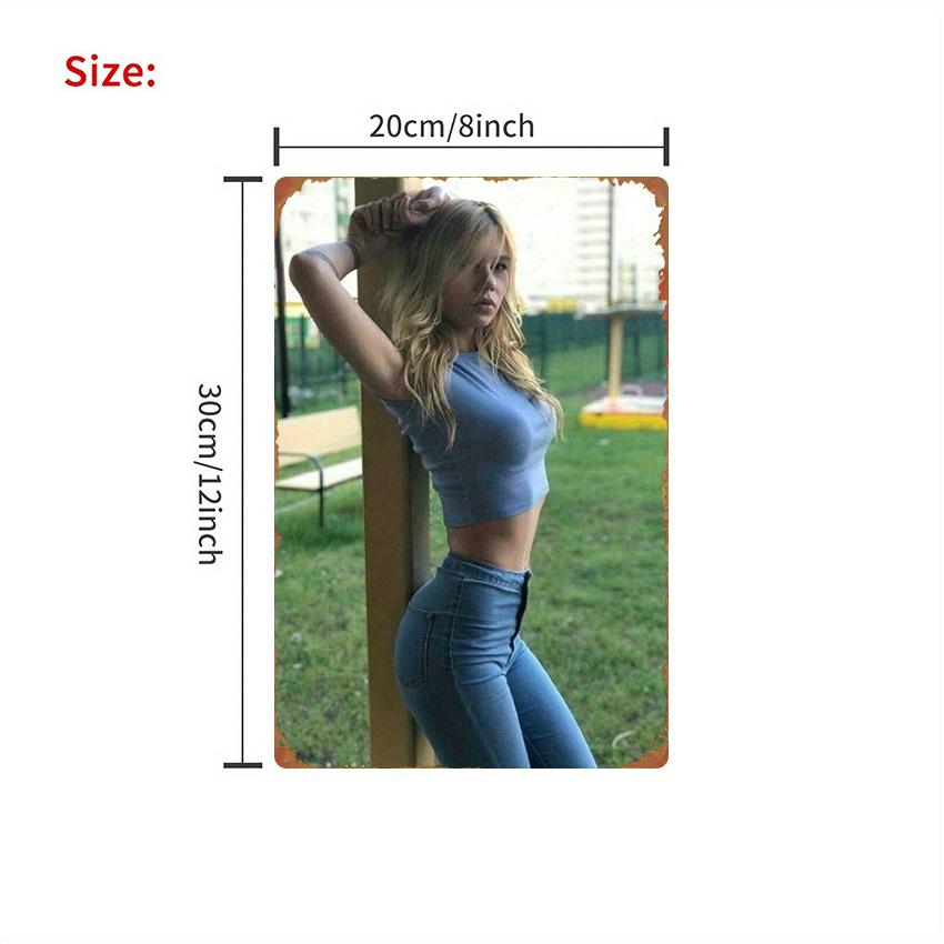 Hisun Tin Sign Stylish Busty Blonde Model in Blue Crop Top Skinny Jeans Posing Outdoors Vintage Metal Tin Sign Retro Iron Painting Wall Art