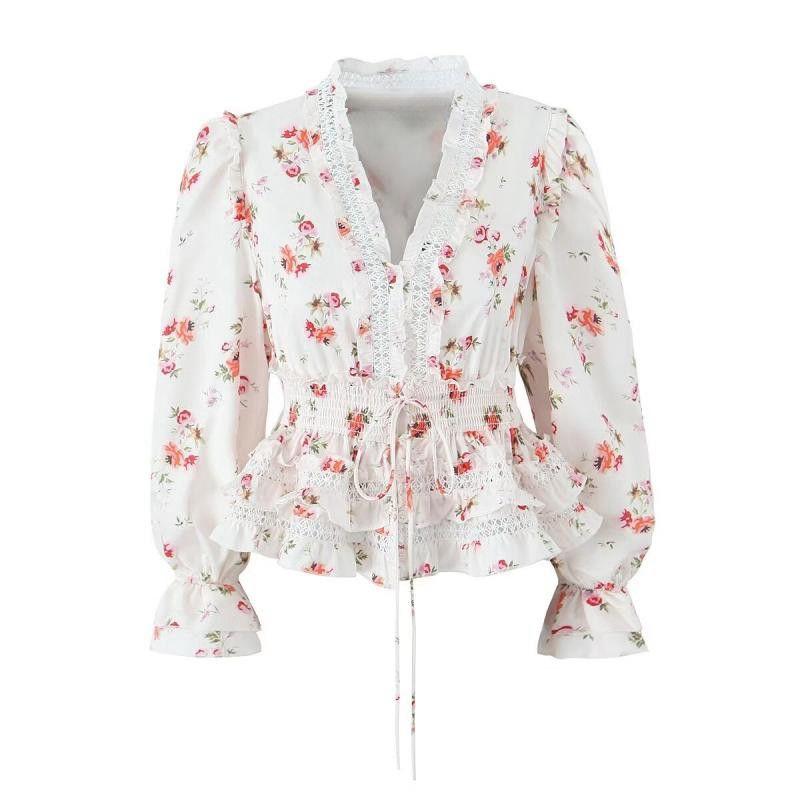 

French Apricot Pastoral Buckle Elastic and Waisted Lace Light fragrance drop flower Tops(High quality) L