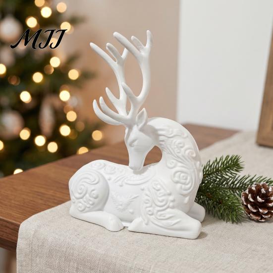 Christmas Table Centerpieces 3D Printed Deer Figurine, White Sitting Stag Sculpture with Antlers, Indoor Entryway Displays Minimalist Tabletop