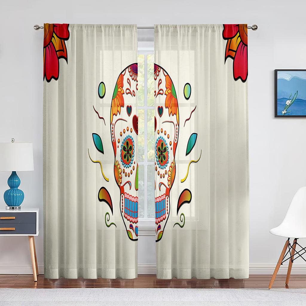 Czaszka Kwiatowy Szkielet Kolorowe Kwiaty Przezroczysta Woalowa Zasłona do Salonu Sypialni Draperia Okienna Kuchenna Szyfonowa Tiulowa Zasłona