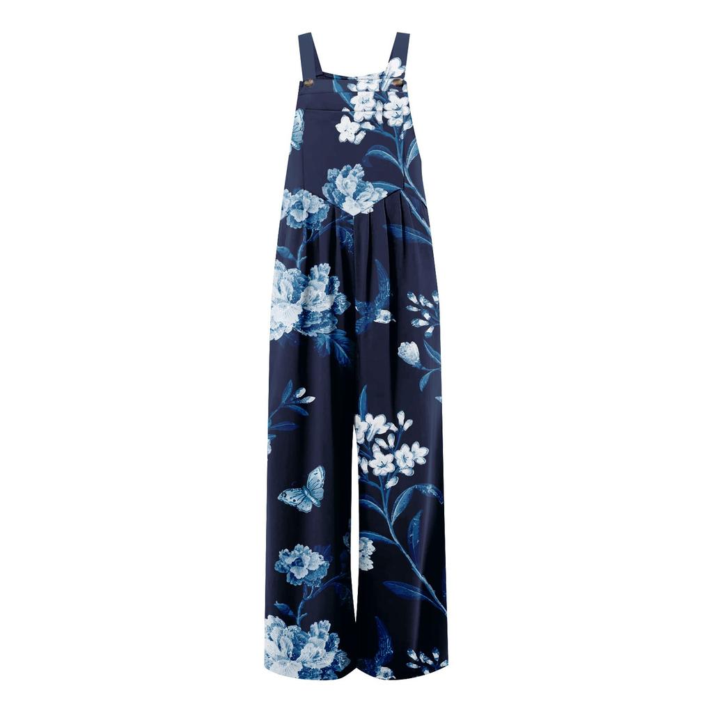 Womens Overalls Casual Print Wide Leg Jumpsuits Bib Rompers Sleeveless Straps With Pockets Outfits