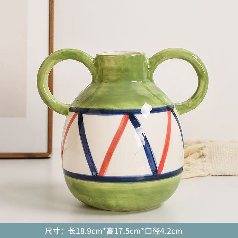 European Hand Painted Striped Ceramic Vase French Light Luxury Living Room Decor