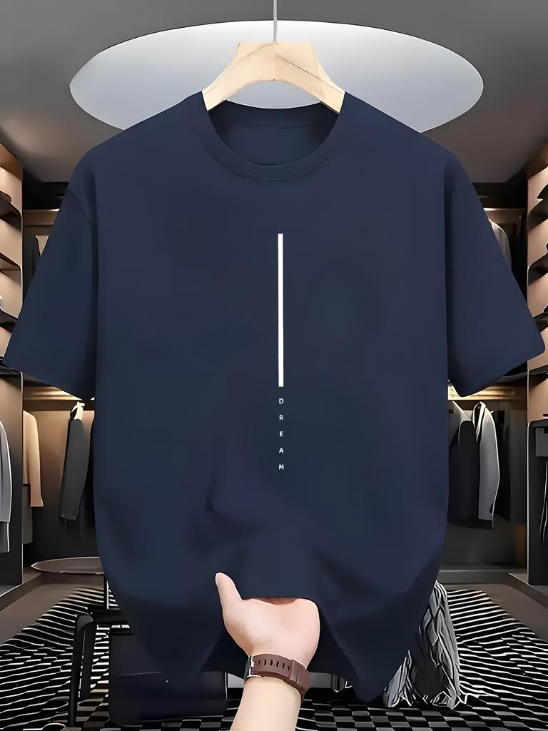 Men'S Casual T-Shirt,  Regular Fit, Round Neck, Summer Fashion, Knitted with Letter Pattern, Stretch Fabric, Adult Size