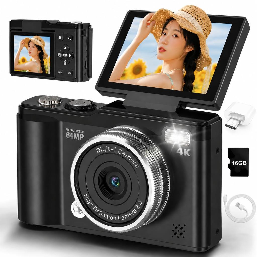 4K Digital Rotating Selfie 16x Digital Autofocus Camera, 64MP, 180-degree Display, Function, Zoom,