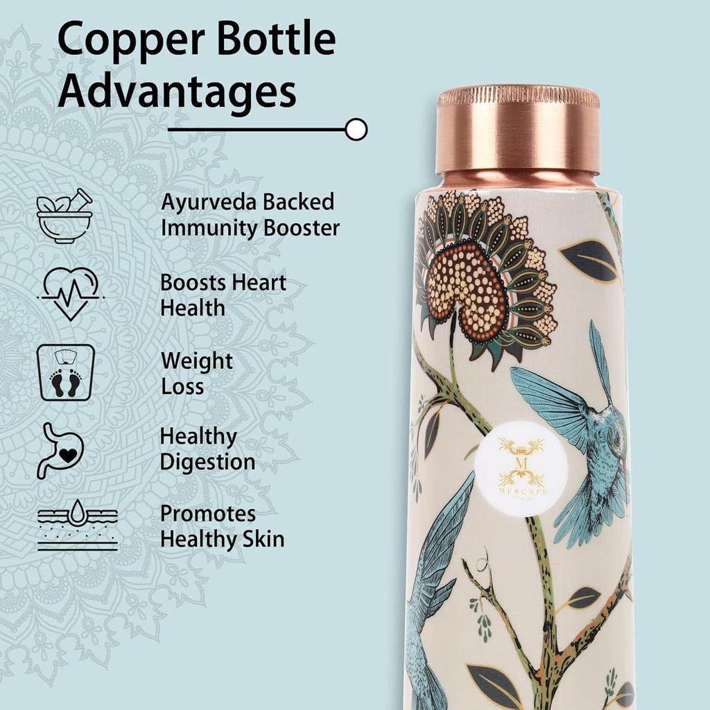 Láhev na vodu z čisté mědi 900 ml se skleněnou sadou Best Tamba v tištěném designu (900 ml 2x 300 ml)