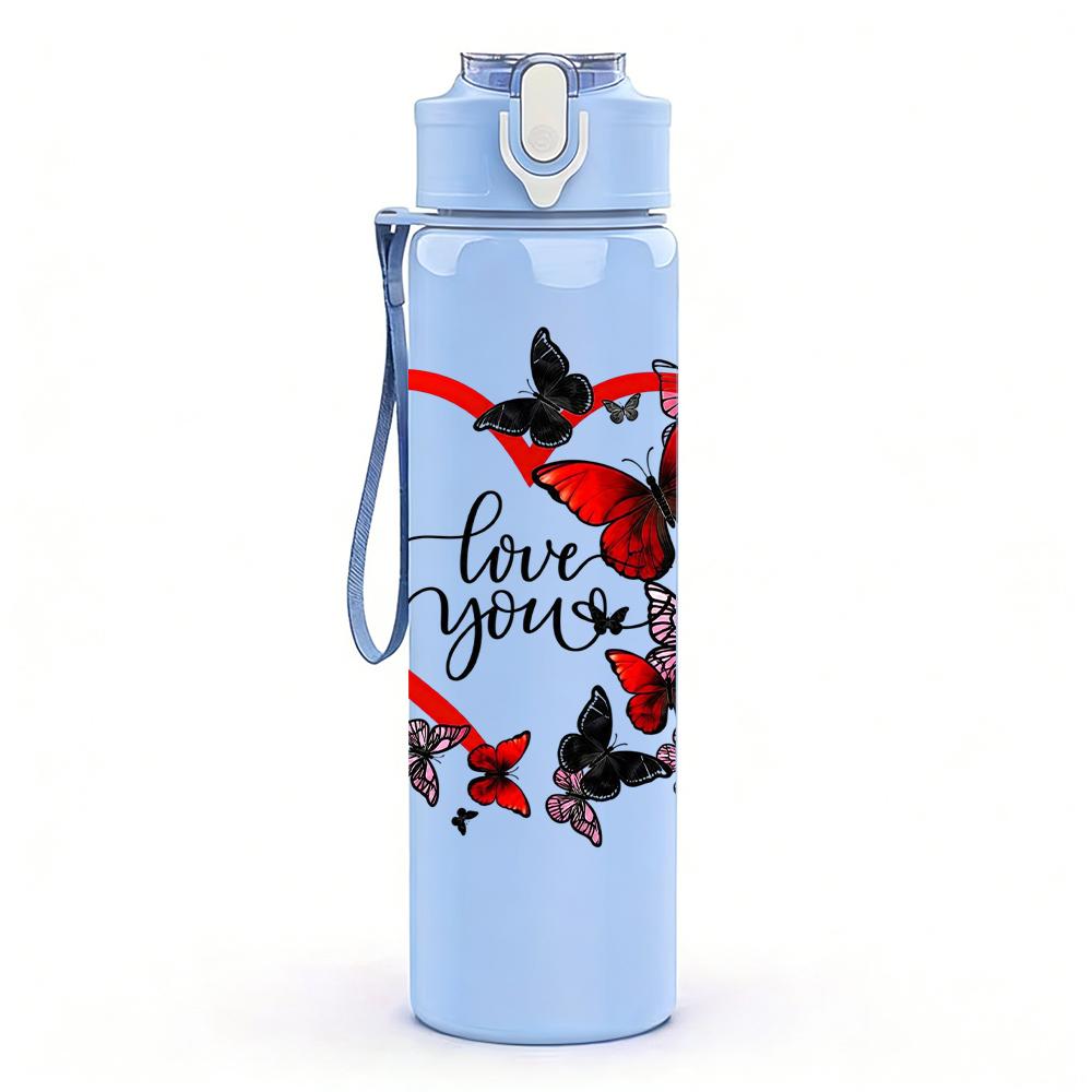 1PC Red Vine Butterfly Love Heart 750ml Color Plastic Sports Water Bottle Leakproof Flip Straw Lid Suitable for Sports Office Home Use