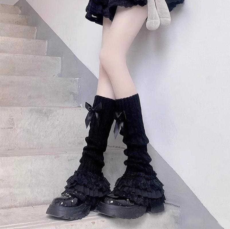 Lolita Socks Black Ruffled Socks Leg Warmers White Knitted Leg Warmers For Festival Outfit Casual Wear Cosplay