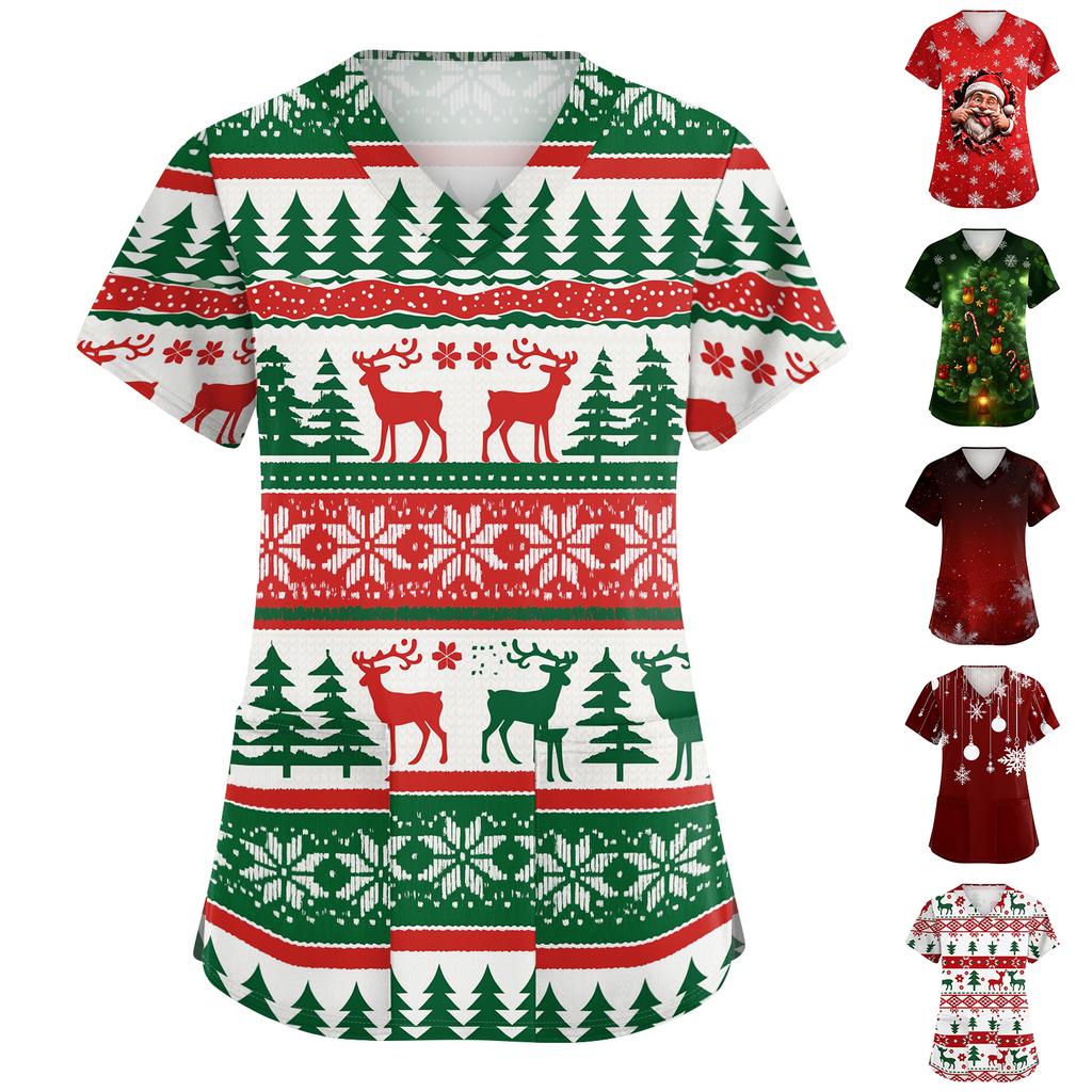 Women's Christmas Print V-Neck Short-Sleeve Work Top with Pockets and Side Slits