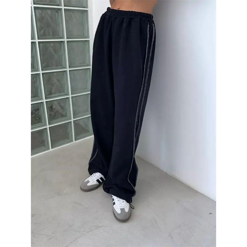 

European and American Women clothes Streetwear Loose Casual Trousers Versitile Fashion Elastic Waist Sweatpants Casual Pants Navy blue S