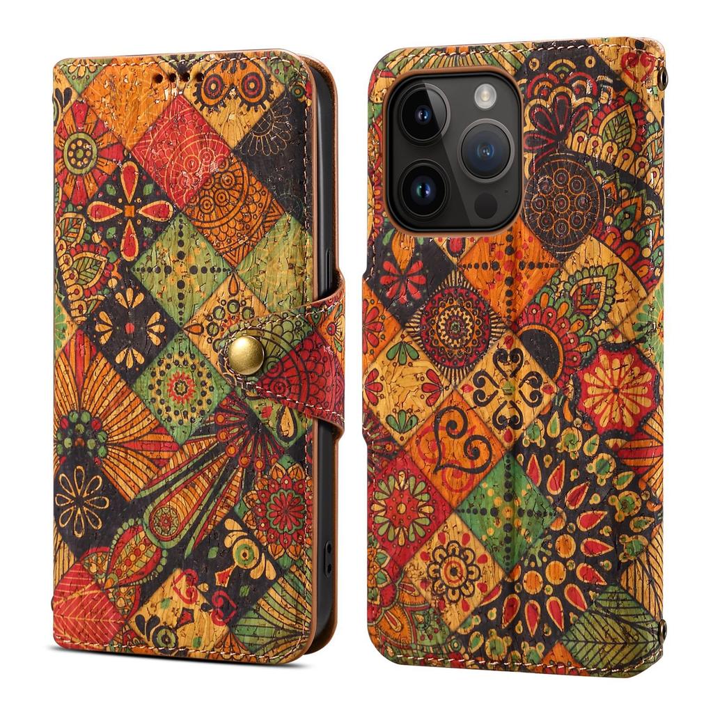 Custodia a Portafoglio Flip Etnica Floreale Boemia per Telefono - Custodia a Tracolla con Texture in Sughero, Porta Carte e Supporto per Serie iPhone 17 Pro 16 15