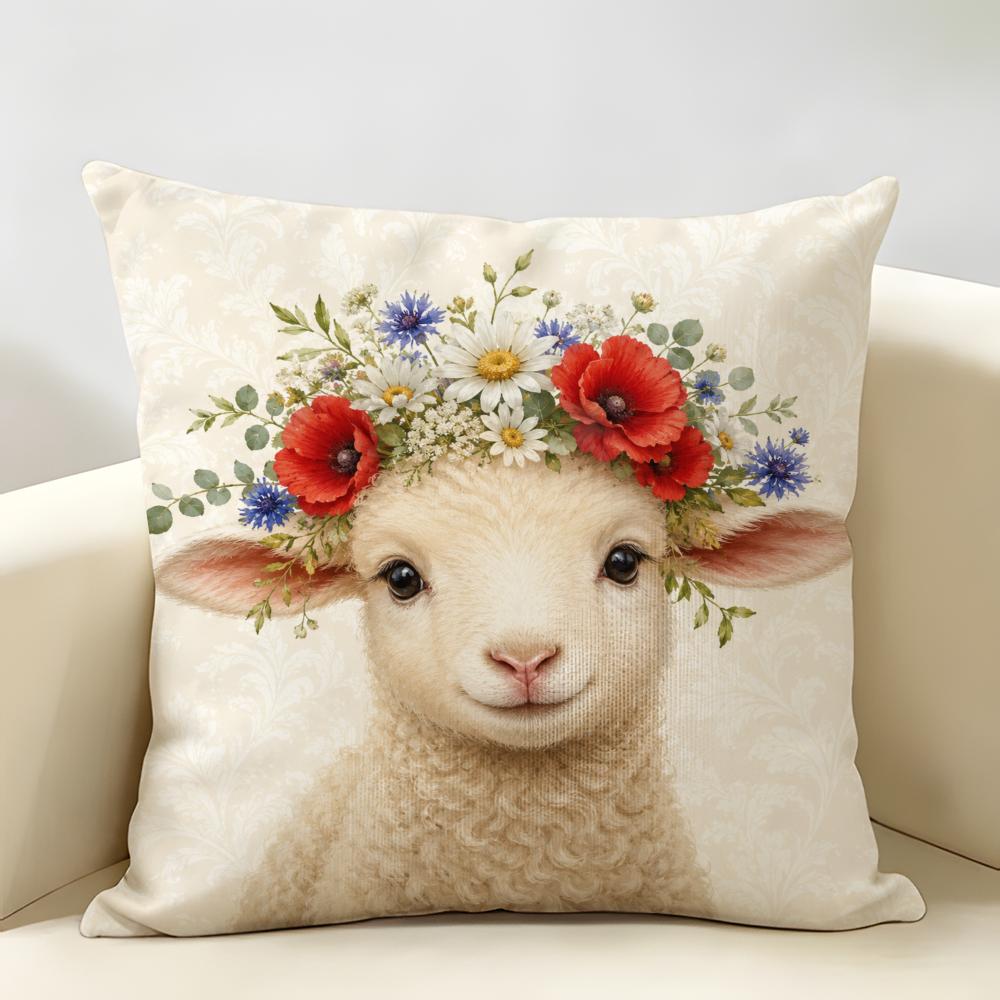 Sheep Lamb Bohemian Flowers Cushion Cover Durable Hypoallergenic Organic Linen Pillow Cover Short Size Washable Skin-Friendly