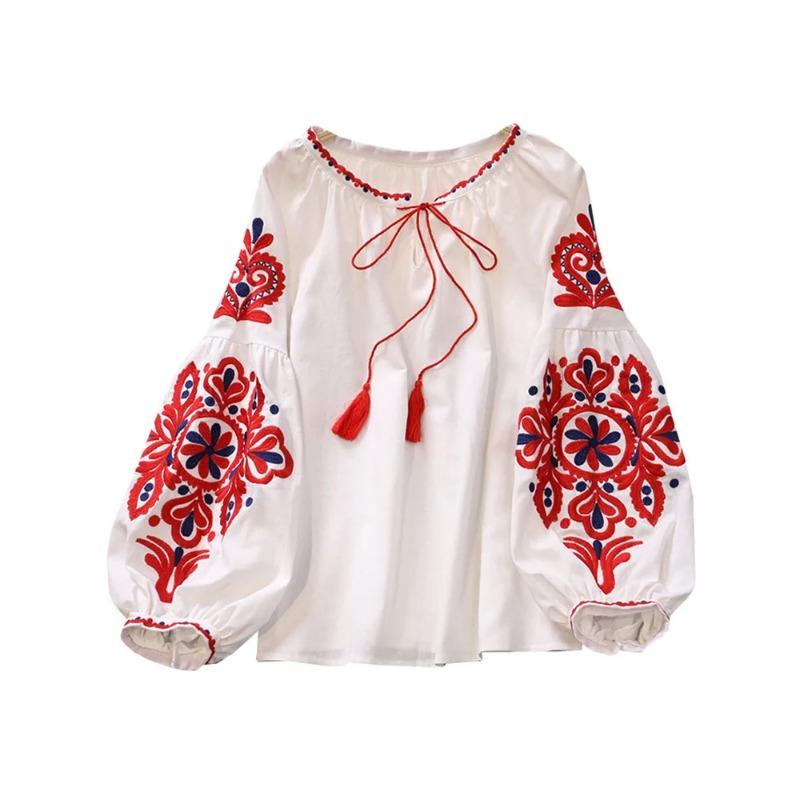 Dámské svetry, košile s výšivkou, patchworkem, obvazem, výstřihem do V, rukávem s lucernou, jaro/léto 2024, nová halenka SN0452