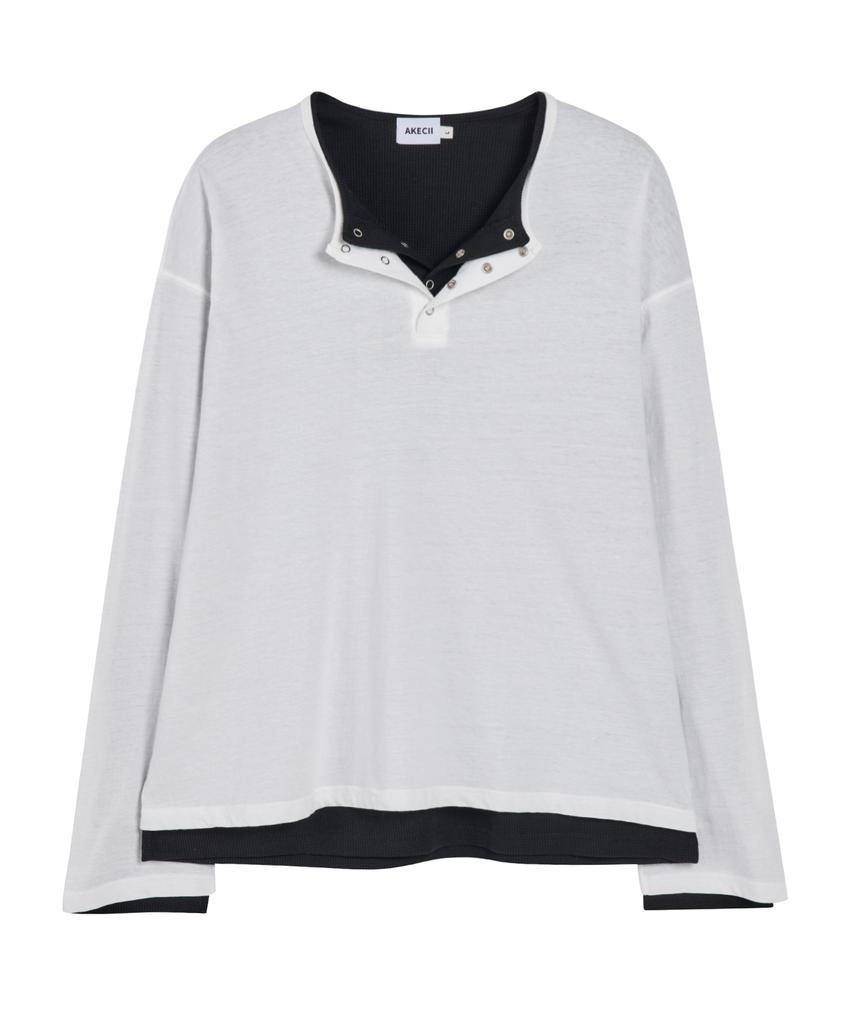 Akesi Contra Layered Henley Neck Long Sleeve_White And Black