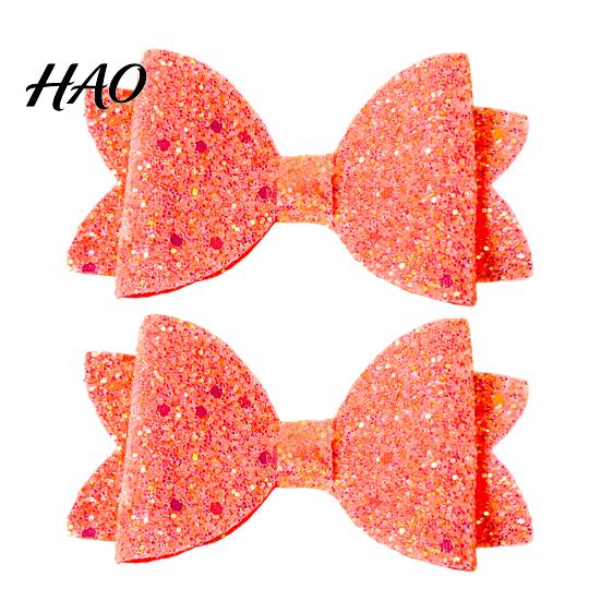 Glitter Bow Hair Clips for Girls 2Pcs Solid Color Clip Girls, Double Layer Sparkling Decorative Toddlers Hairpin, Accessory with Non-Slip Grip
