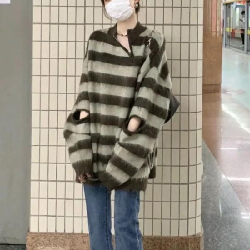 Pulovrový pruhovaný svetrový kabát pro ženy podzimní a zimní volný a na nošení vintage dámský ležérní svetr s dlouhým rukávem
