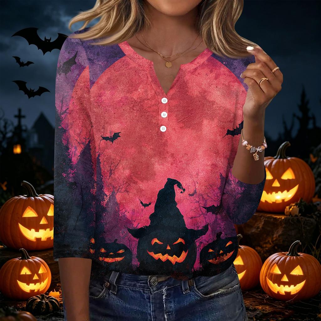 Women's Casual Halloween Print V Neck Button Front Three Quarter Sleeve T Shirt Top Lightweight Comfortable Fit for Everyday Wear