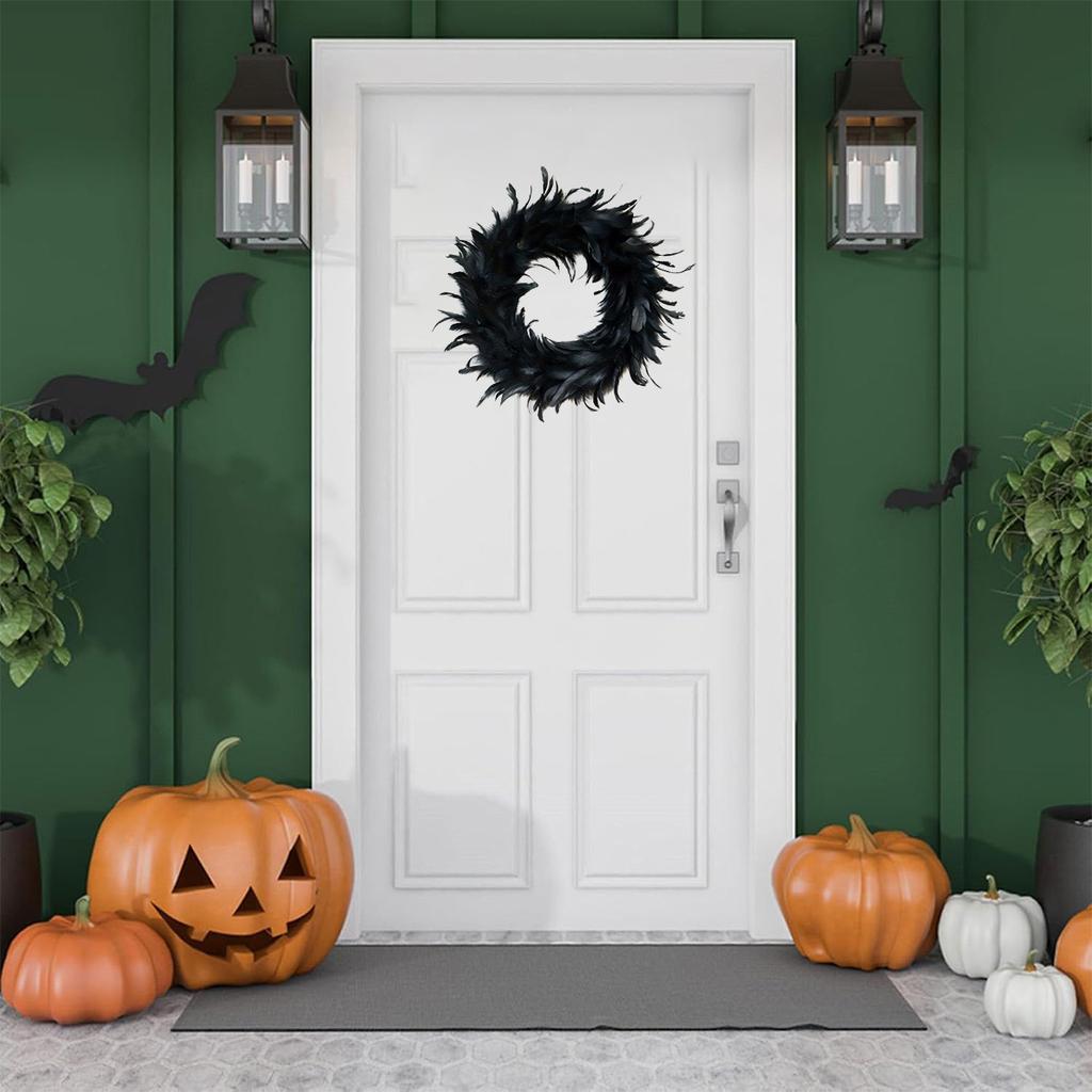 Czarne Sztuczne Pióra Girlandy, 13,7 cala Girlanda Halloweenowa Girlanda na Drzwi Wisząca na Drzwiach Straszna Scena Dekoracja do Domu Wnętrza Halloween Boże Narodzenie