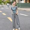 European gray casual sports suit women's summer new fashion age-reducing short-sleeved printed T-shirt wide-leg pants two-piece set