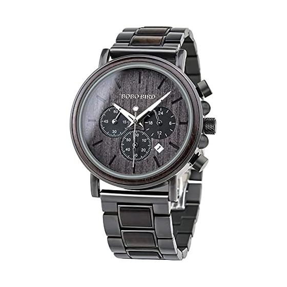 Men s Wooden Watch Business/Casual Watch Ebony & Stainless Steel Chronograph
