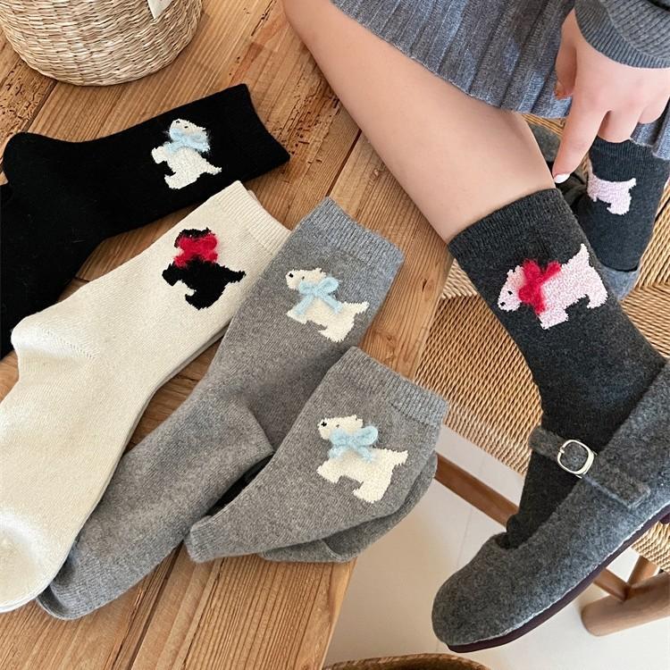 Winter Socks Cartoon Puppy Bow Wool Socks Cute Warm Socks Stacked Socks