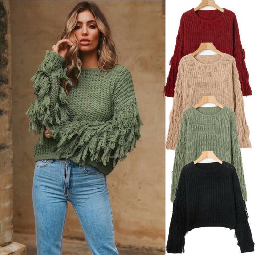 Autumn Tassel Decor Long Sleeve Loose Knit Sweater - European & American Fashion Style for Women