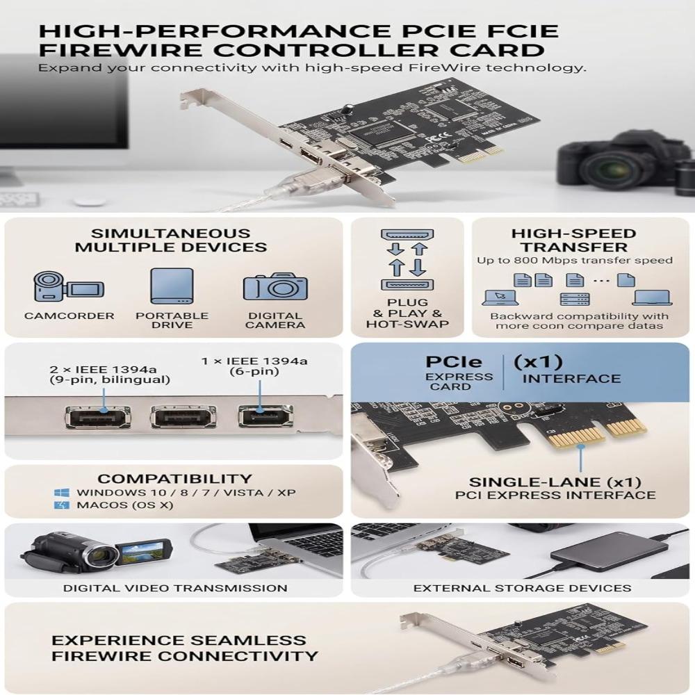 Plastic IEEE 1394a Expansion Card Black PCI Express Firewire Adapter For Desktop PC