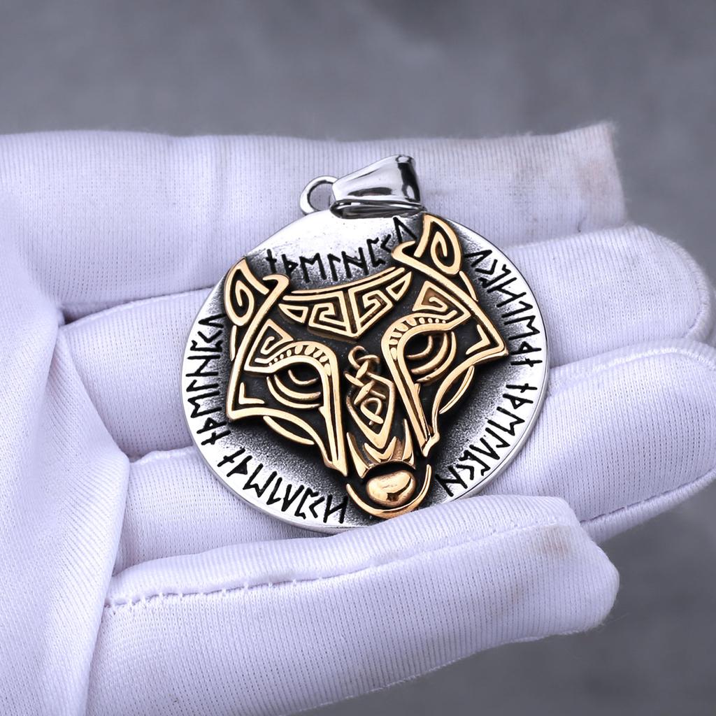 Stainless Steel Viking Mixed Gold Wolf Head Rune Necklace Men Retro Fashion Odin Amulet Pendant Necklace Hip-hop Biker Jewelry