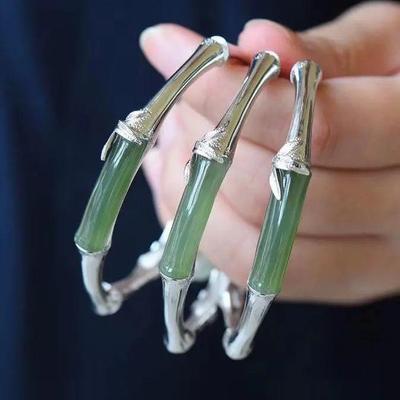S925 Sterling Silver Bracelet Natural Hetian Jade Festival High Ethnic Style Bamboo Bracelet Adjustable Opening Bangle Bracelet