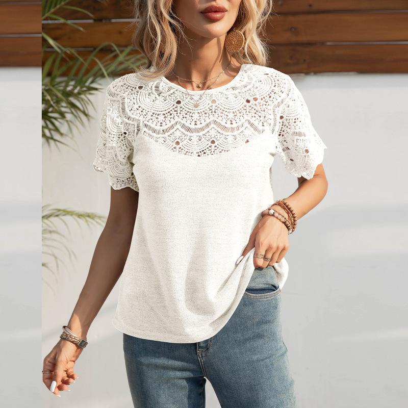Summer New Round Neck Lace Patchwork Short Sleeved T-shirt Top