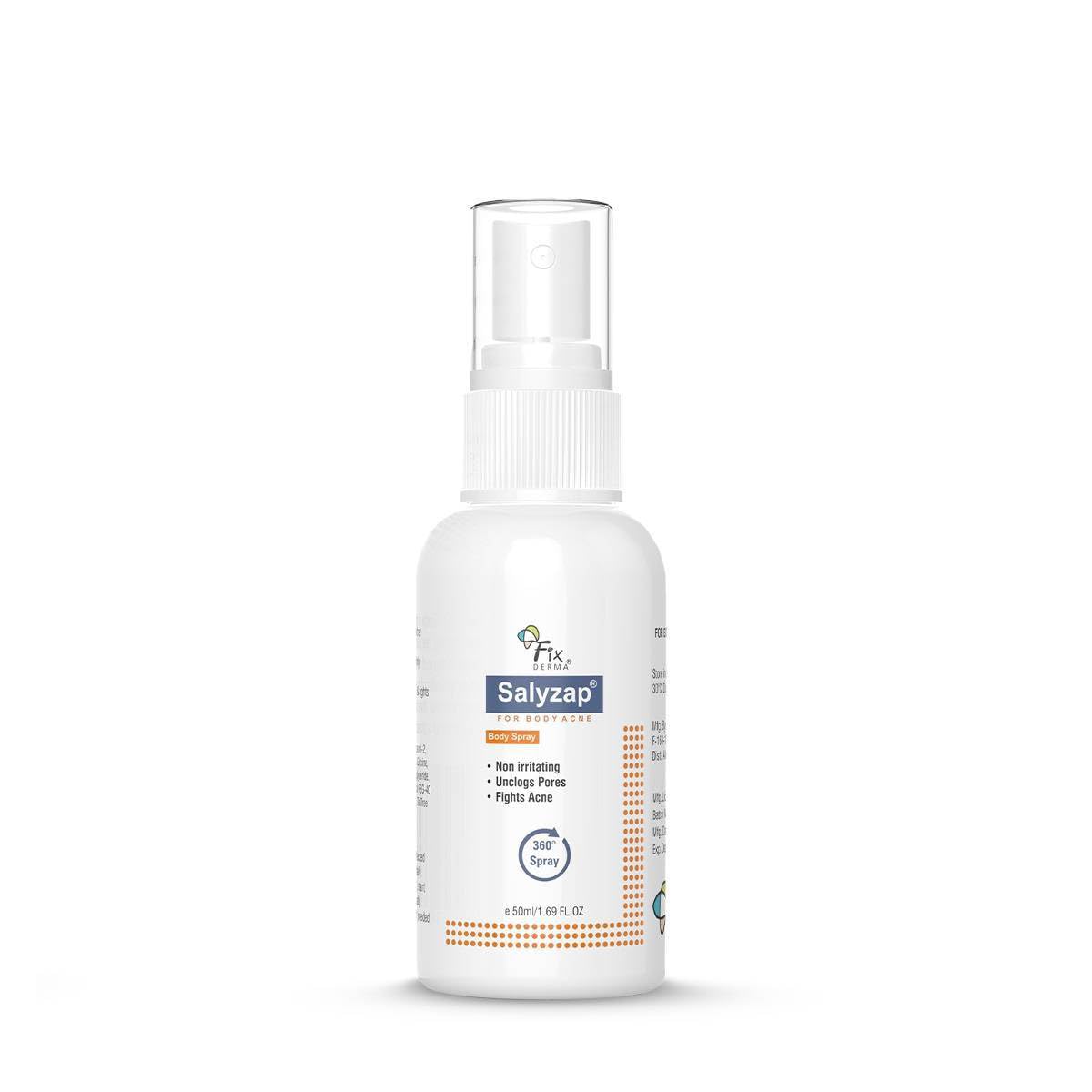 Fixderma Спрей от акне на теле Salyzap с 2% салициловой кислотой для акне на спине, плечах, шее и груди для улучшения высыпаний и неровной текстуры кожи для женщин и