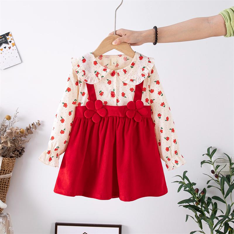 

Платье из хлопка с цветочным принтом и рукавами-буфами в корейском стиле для малышей Size 90 for Height 80cm красный