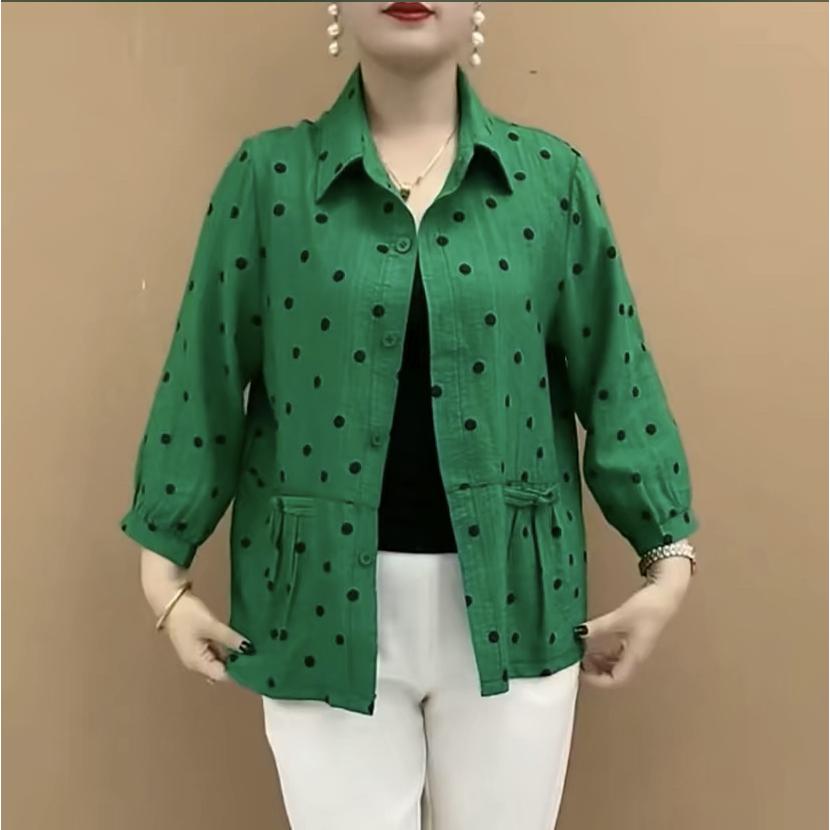 Women's Plus Size Polka Dot Sun Protection Cardigan Jacket Spring Mom's Outfit 3/4 Sleeve Thin Loose Shirt