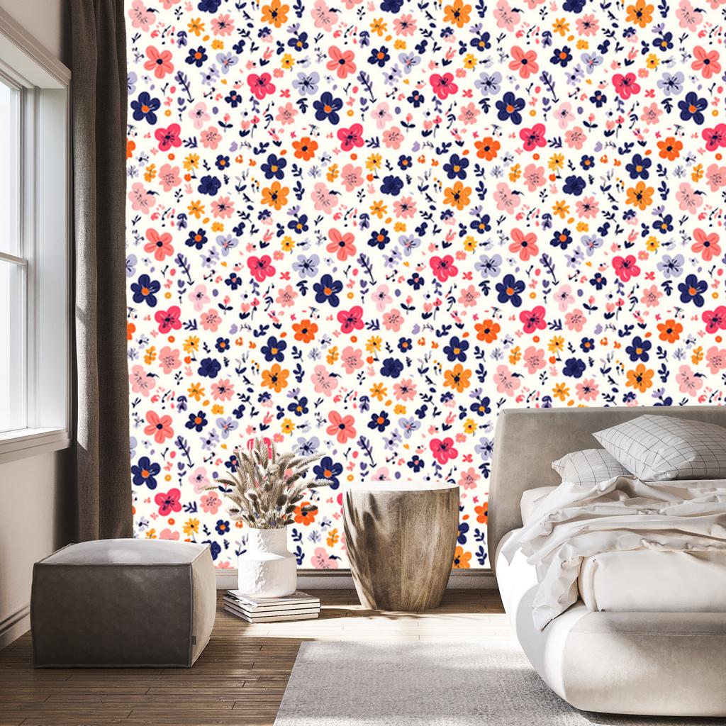 Cottagecore Flowers Wallpaper White, Light Gray and Coral 50x1000