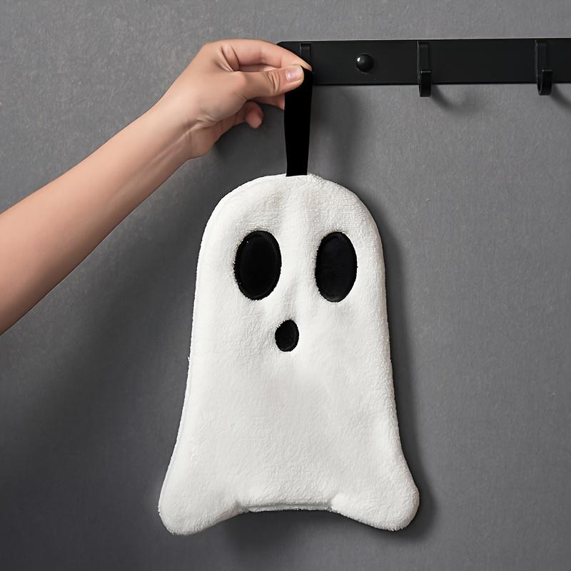 1pc Halloween Bathroom Hand Towel - Soft, Absorbent Coral Fleece, Black & White Spooky Design with Broomsticks & Pumpkins