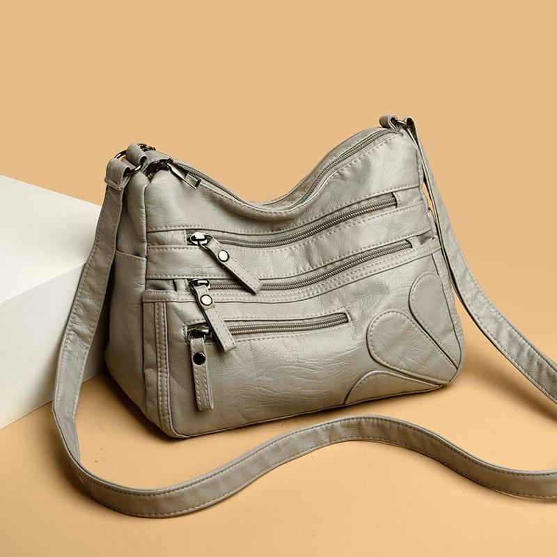 Borsa a tracolla multistrato in morbida pelle tinta unita da donna, grande capacità, borsa da viaggio multifunzionale sottobraccio
