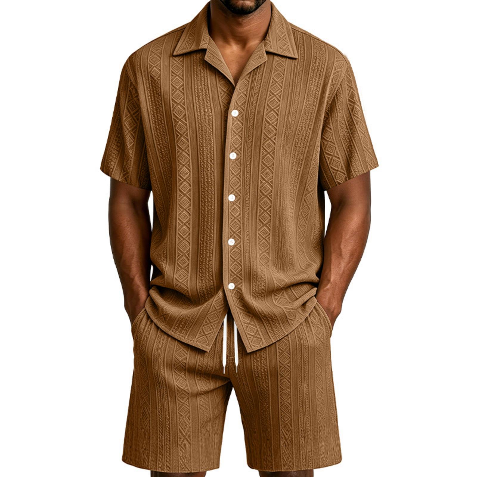 

Men s Casual Short Sleeve Button Up Shirt and Shorts Set Lightweight Breathable Two Piece Outfit Suitable for Summer Outdoor Activities and Leisure M коричневый