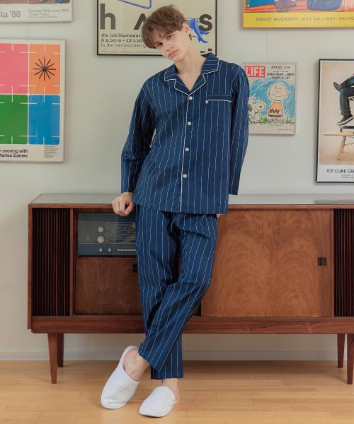 [May Flower] Navy Pencil Stripe Long Sleeve Men's Pure Cotton Plus Size Pajama Set [Shipped from Korea] 100% Authentic