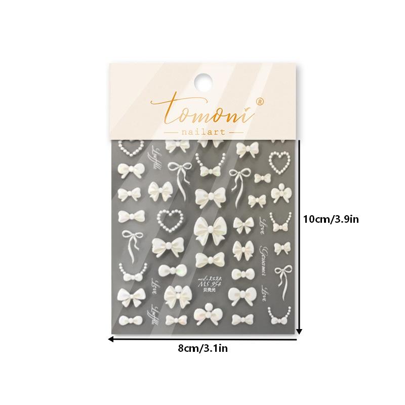 Heart Pearl Nail Stickers Small Fresh White Bow Ribbon Nail Charms Stickers Self Adhesive Nails 3D Decorations Parts Diy Decals