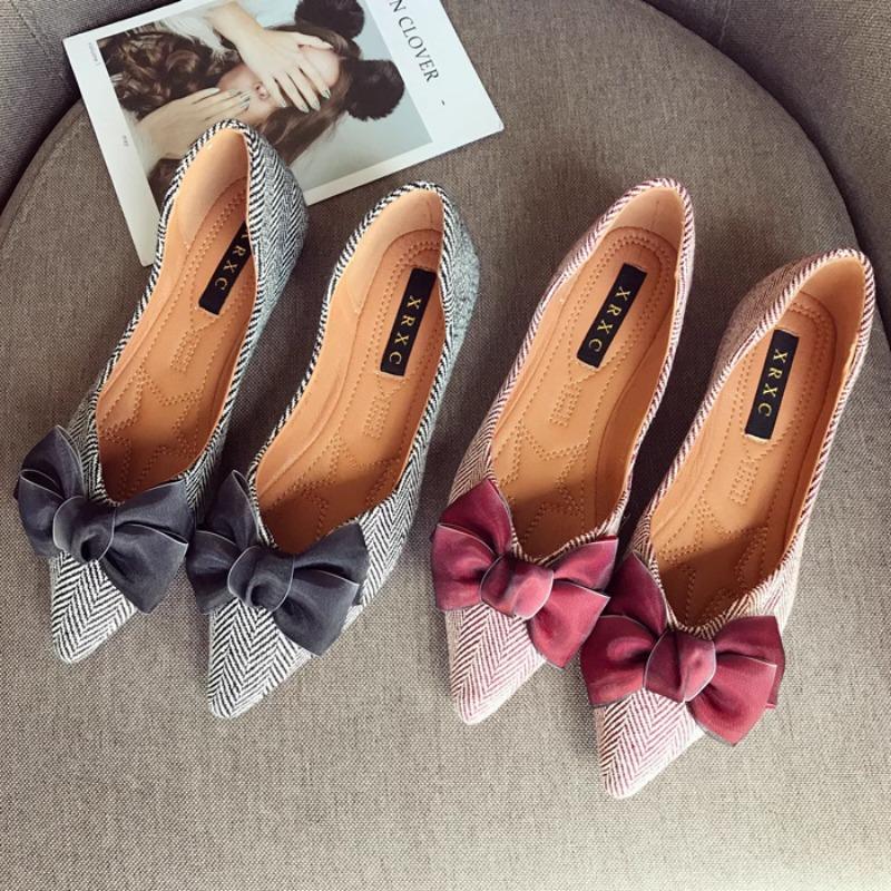 Fashion Flat Shoes for Women Spring and Autumn 2025 New Pointed Toe Bow Stripe Shallow Mouth Plus Size Women's Shoes Zapatillas Mujer