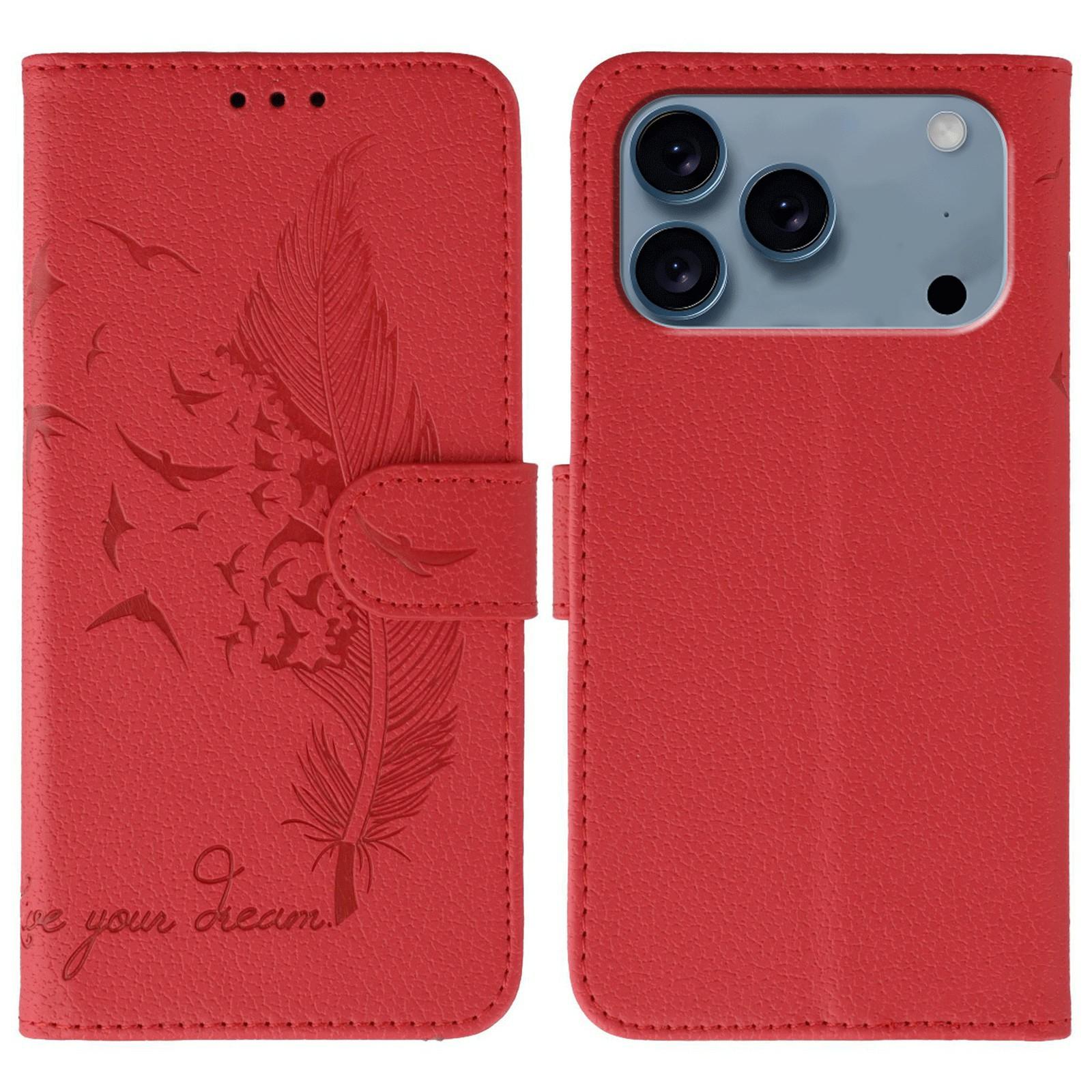 

For iPhone 17 Pro Case Feather Imprint PU Leather Wallet Phone Cover Red