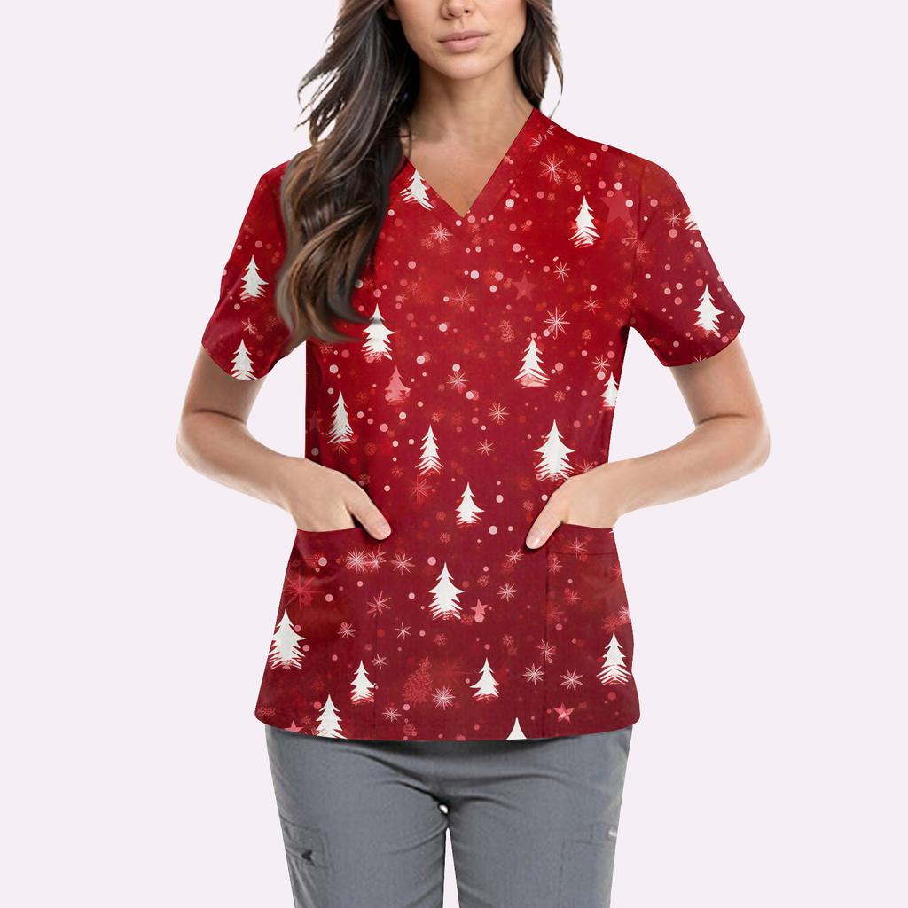 Women's Cute Printed Work Clothes V-neck Double Layer Pockets Basic Short Sleeve Top Pullover Valentines