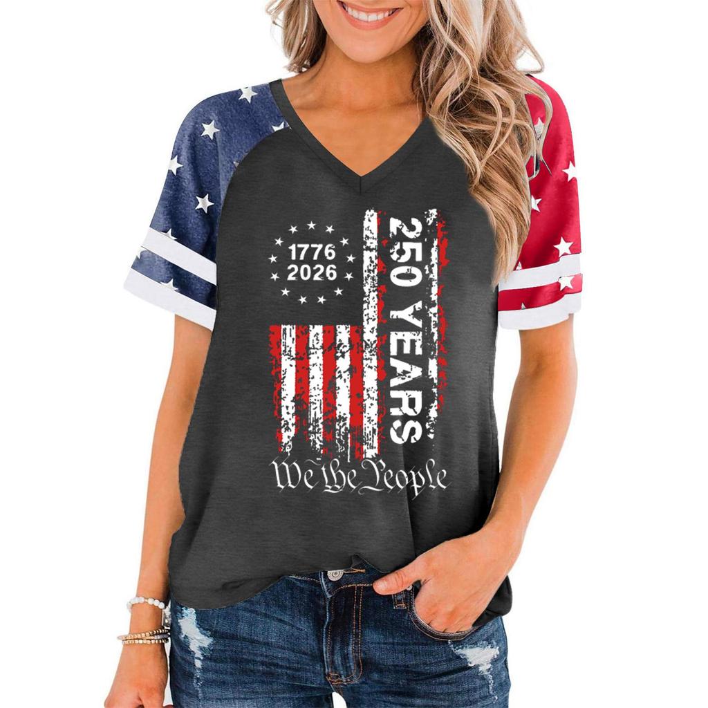 T-shirt décontracté à col en V pour femme, manches courtes, imprimé graphique 250 ans de liberté, haut Jour de l'Indépendance