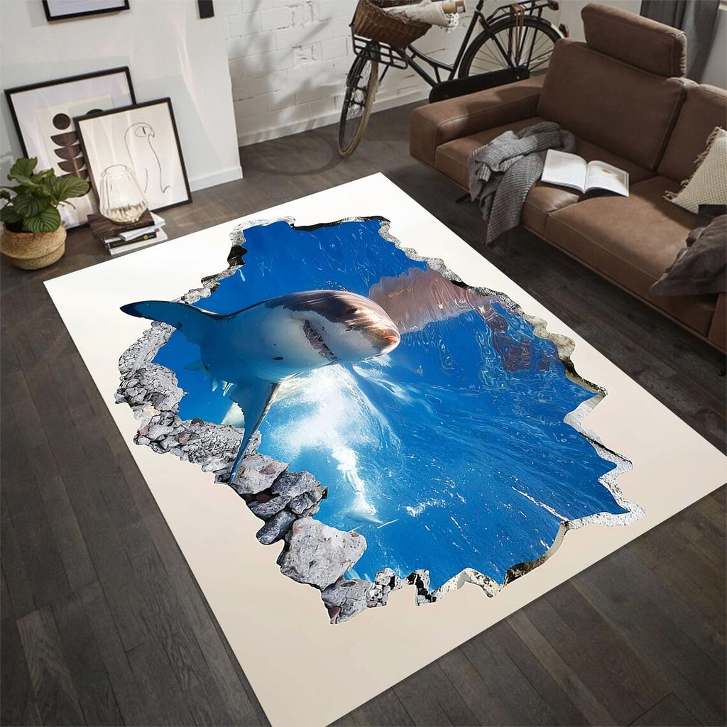Visual 3D Hole Carpet Great White Shark Endless Abyss Illusion Carpet Living Room Bedroom Decoration Floor Mat Trick Funny Rug