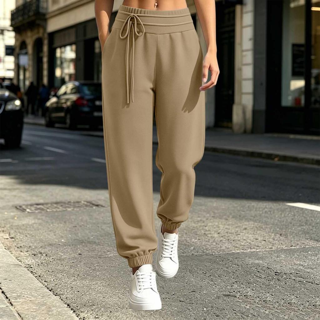 Women's Casual Color Pants with Elastic Waist Drawstring and Pockets for Everyday Wear