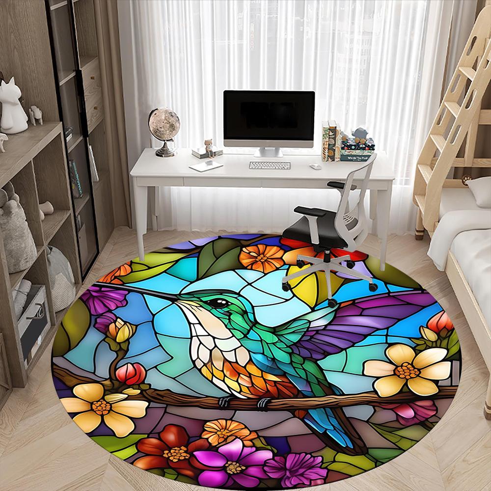 1pc Hummingbird Flowers Office Round Area Rug, Indoor Mat Suitable ForOffice, Under Office Chairs Bedroom Living Room Home Decor, Room Deco, D003