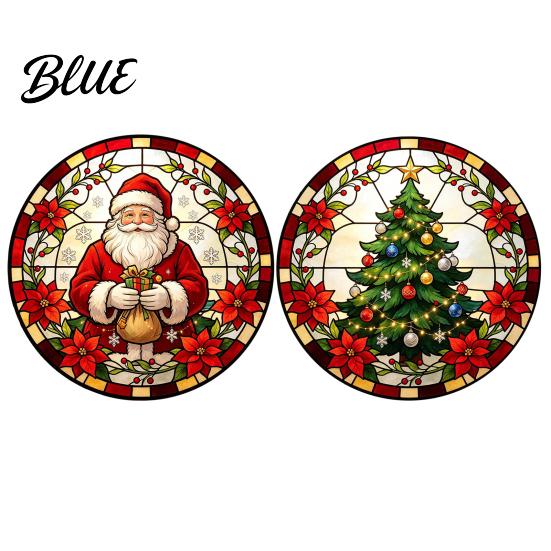 Removable Static Window Film Round Christmas Sticker Stained Glass Style Holiday Storefront Decals Cling Santa Claus Tree PVC Decal for Home Decor