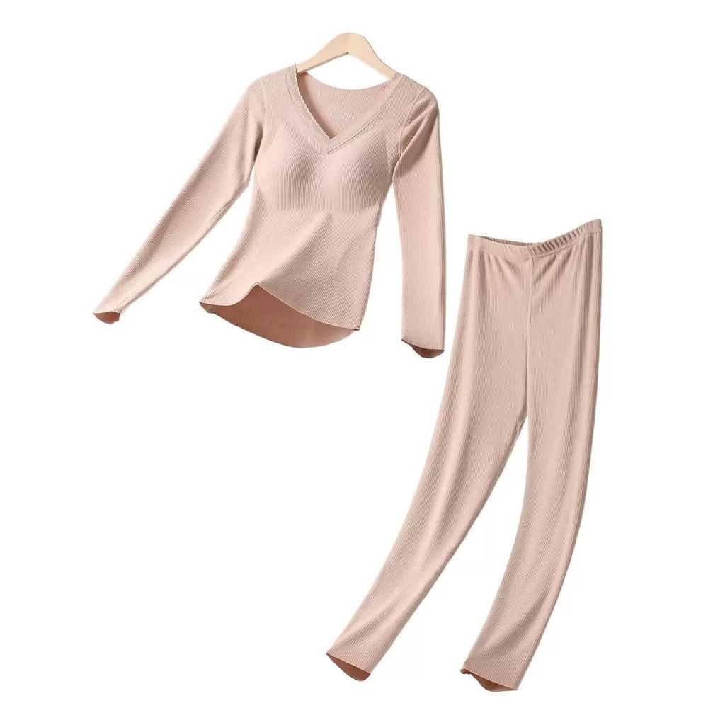 Women’s Cashmere Silk Slimming Underwear Set with Built-In Bra: Warm Cotton-Wool Long Sleeve Top & Bottoms for Autumn/Winter