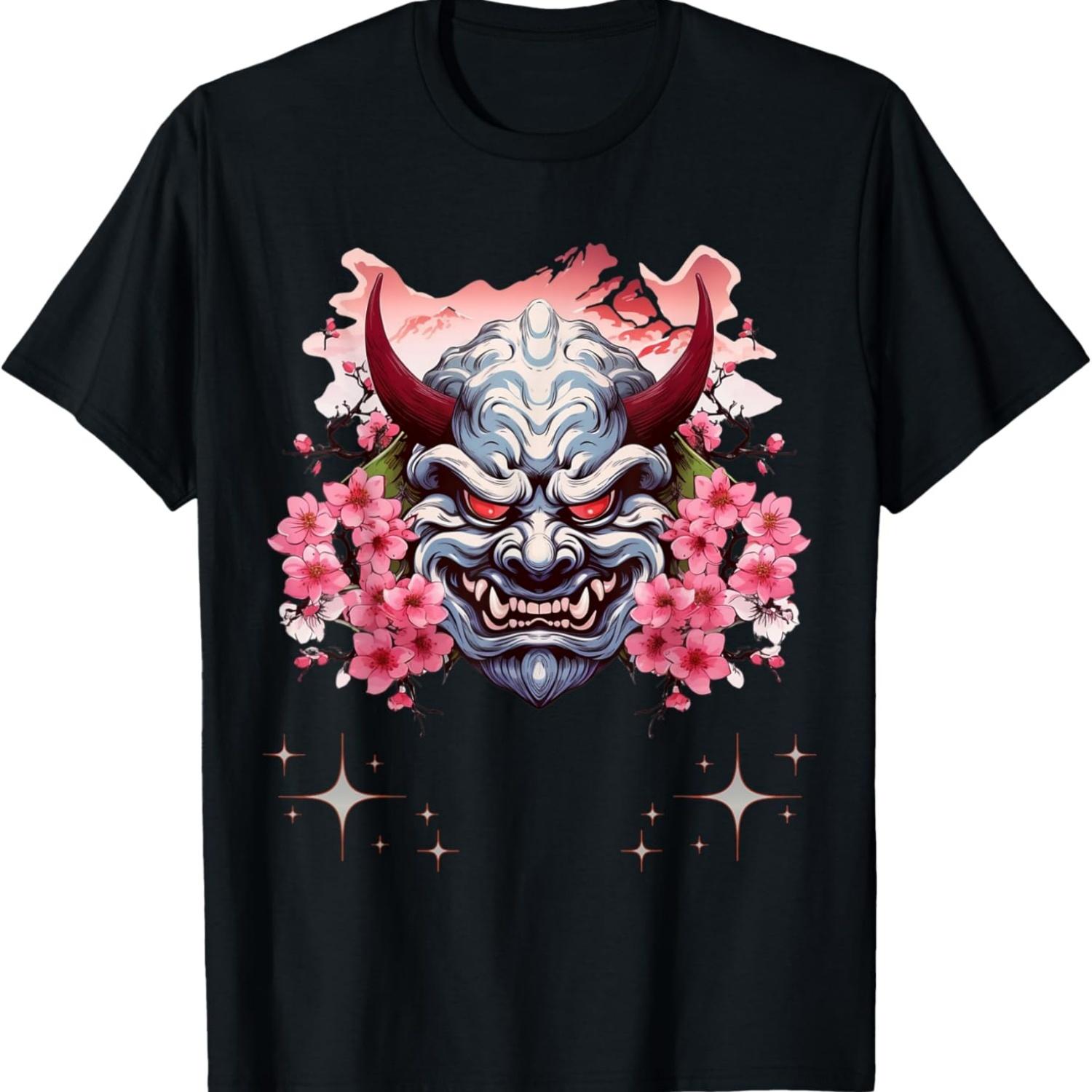 

Yokai Oni Mask Anime Blossom Cherry Flower T-Shirt(1) S чёрный