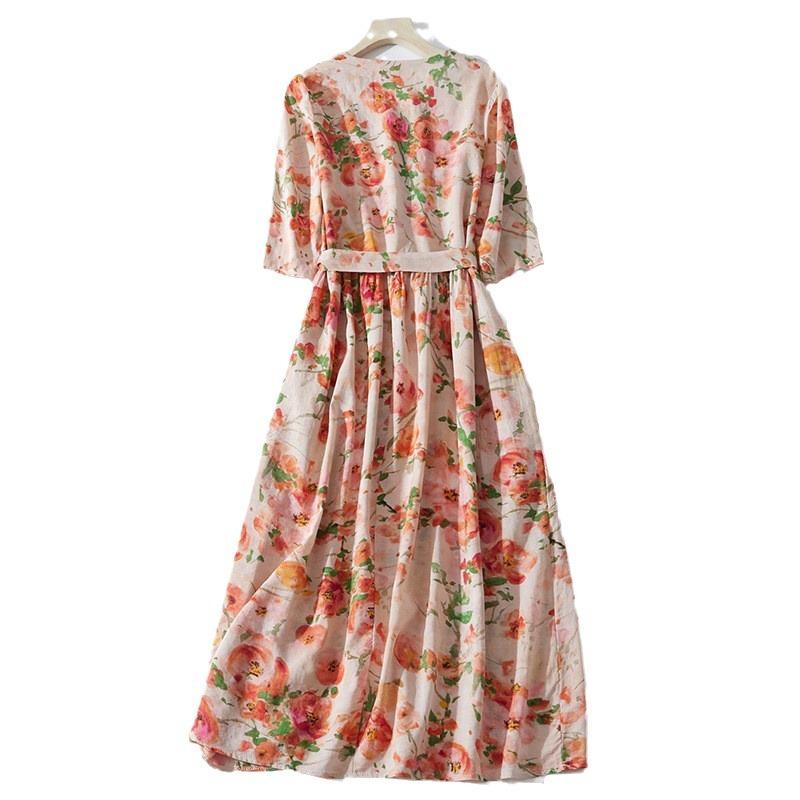 Floral Cotton and Linen Dress for Women's 2025 Summer New Loose Retro Waist and Thin V-neck Seven-quarter Sleeve Pendulum Length