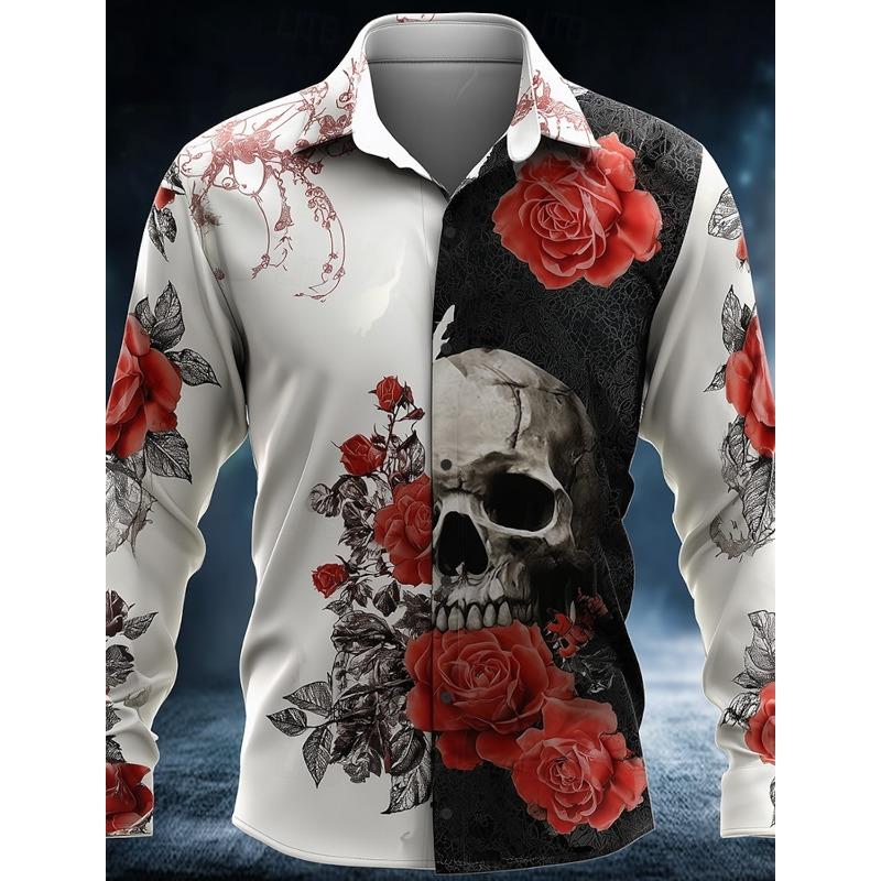 Halloween Thema Mannen Halloween Kostuums Schedels Shirt Knoopsluiting Shirt Casual Overhemd Lange Mouw Donkere Gotische Stijl Tops